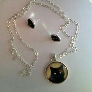 Black cat necklace and earrings